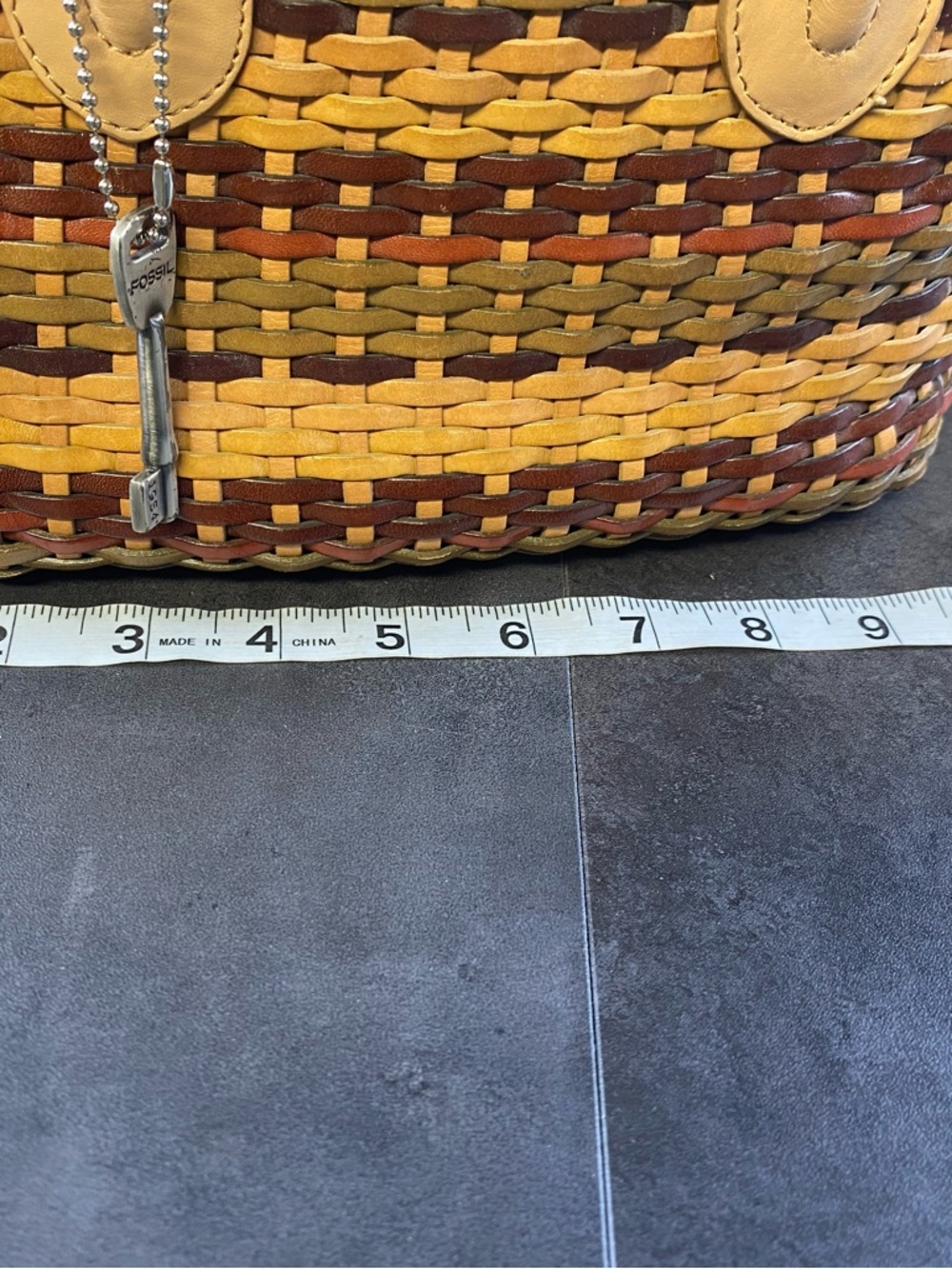 Fossil Woven Leather Crossbody Bag in Tan, Brown & Burgundy w/ Key Charm - Picture 6 of 14